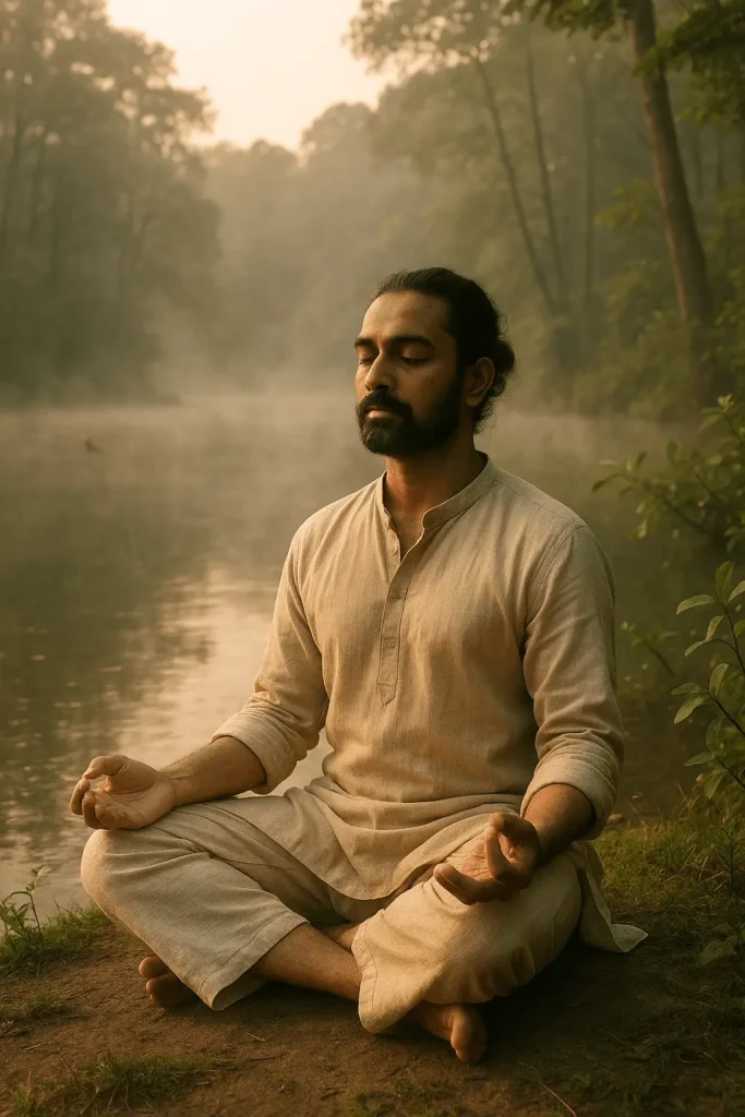 Image breathing taq-min "एक शांत भारतीय व्यक्ति गहरी साँस लेते हुए ब्रीथवर्क मेडिटेशन में लीन है, हल्की धूप और प्राकृतिक माहौल में